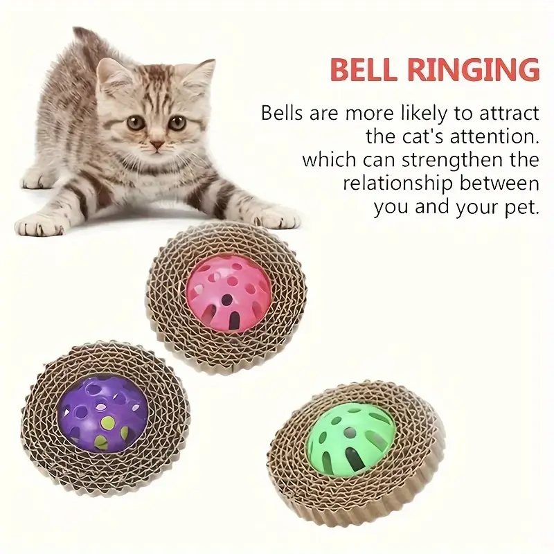 3 cat toy balls, made of corrugated cardboard and plastic